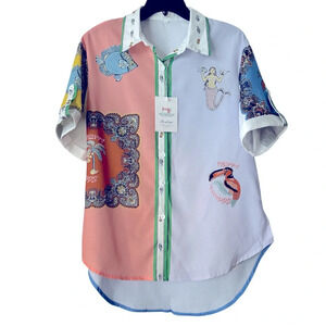 PERBAI Multi Color And Fun Short Sleeves Small Button Down Top BNWT